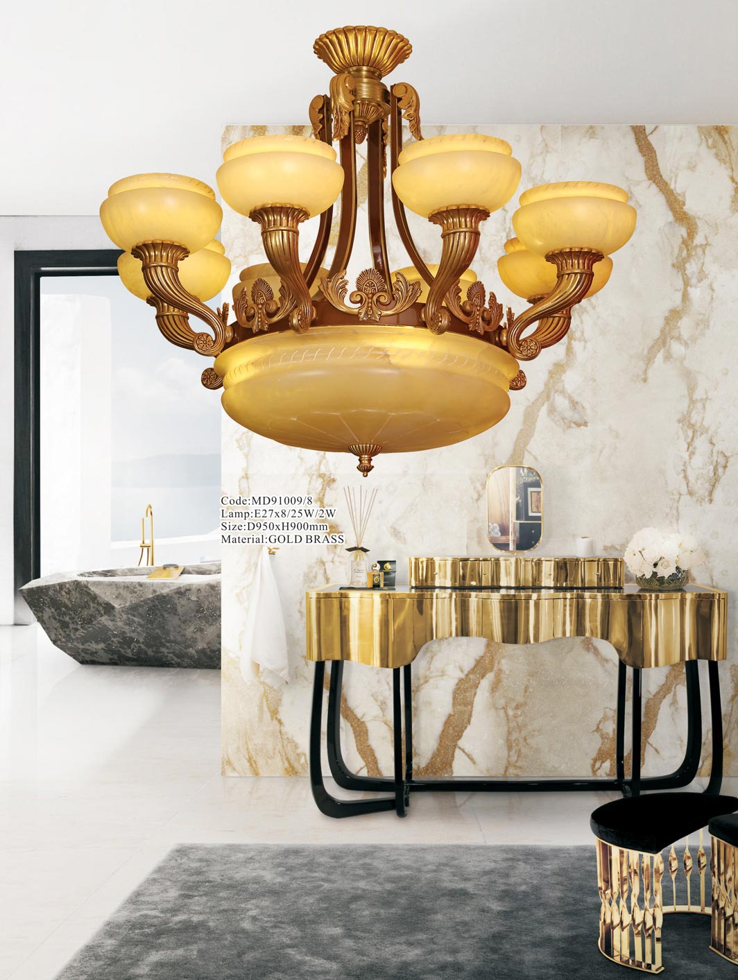 Đèn chùm đồng chao đá cổ điển 8 tay