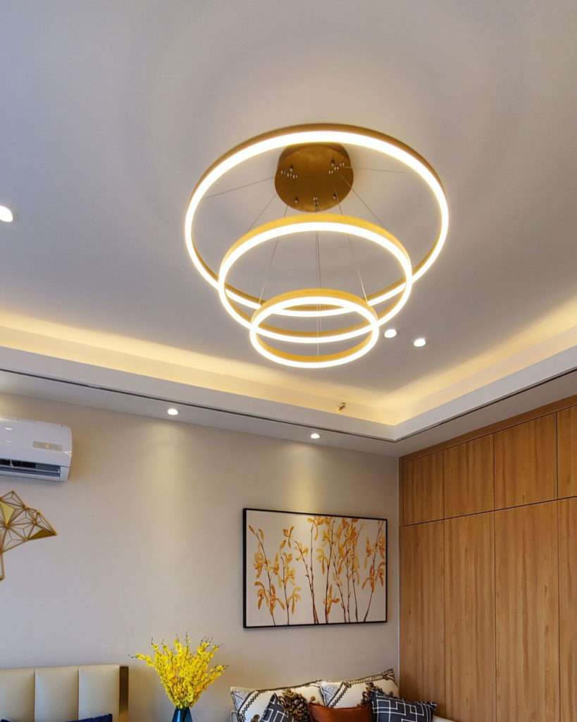 đèn thả led 3 vòng tròn xi vàng hiện đại