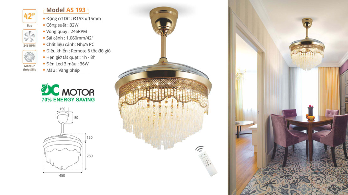 Đèn quạt pha lê cánh xếp SINWA AS193