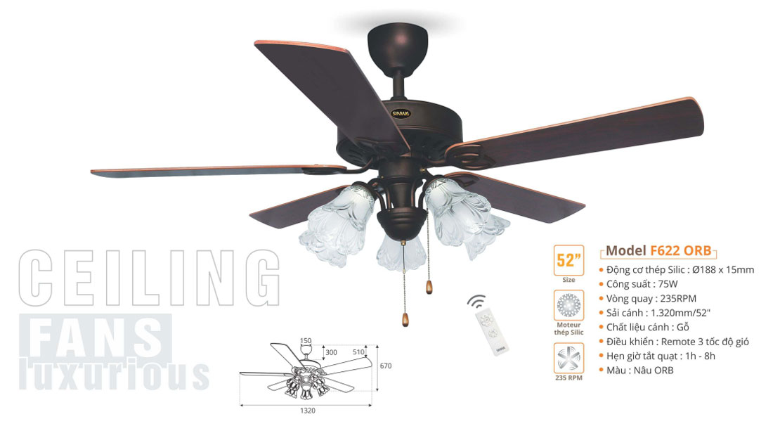 Đèn quạt trần trang trí cánh gỗ SINWA F622 ORB