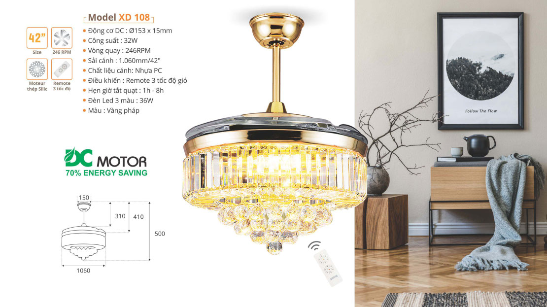 Đèn quạt pha lê cánh xếp SINWA AS191