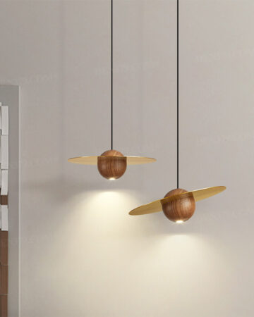 Đèn thả phòng khách sao thổ bằng đồng và gỗ 66601