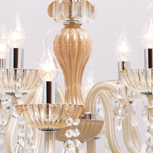 Đèn chùm thủy tinh trang trí KCA174: 12 tay, bóng nến, hạt pha lê