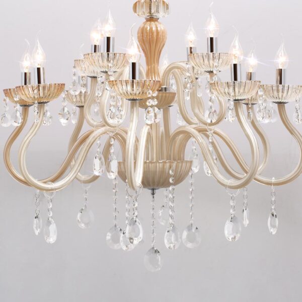 Đèn chùm thủy tinh trang trí KCA174: 12 tay, bóng nến, hạt pha lê