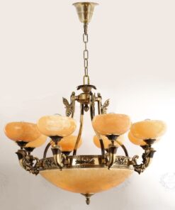 Đèn chùm đồng K1113/8 cổ điển, 8 tay, bóng nến, chao đá cao cấp