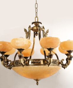 Đèn chùm đồng K1113/8 cổ điển, 8 tay, bóng nến, chao đá cao cấp