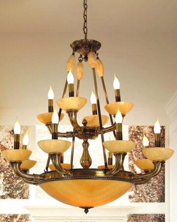 Đèn chùm đồng chao đá Tân cổ điển bóng nến 12 tay