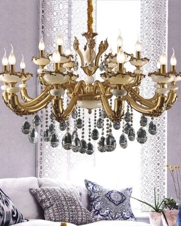 đèn chùm đồng chao đá ngọc bóng nến hạt pha lê cổ điển cao cấp 18 tay