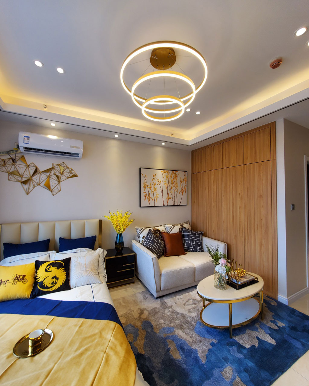 đèn thả led 3 vòng tròn xi vàng hiện đại