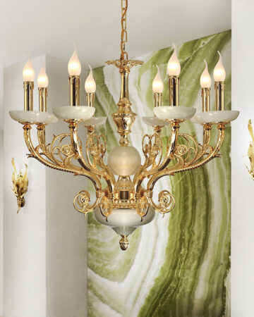 đèn chùm đồng chao đá ngọc bóng nến cổ điển cao cấp 8 tay