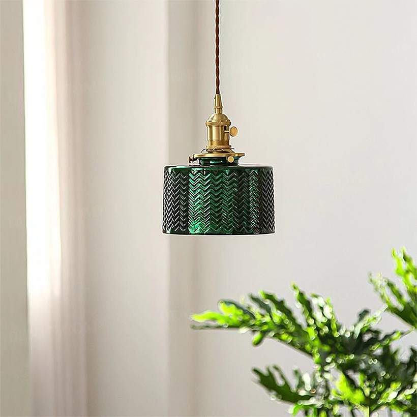 Đèn thả chụp thủy tinh xanh ngọc chuôi đồng cổ điển 64023