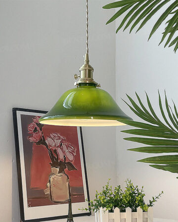 Đèn thả trang trí chụp thủy tinh xanh ngọc chuôi đồng cổ điển 63998