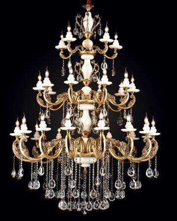 Đèn chùm đồng thả thông tầng chao Đá Ngọc cao cấp