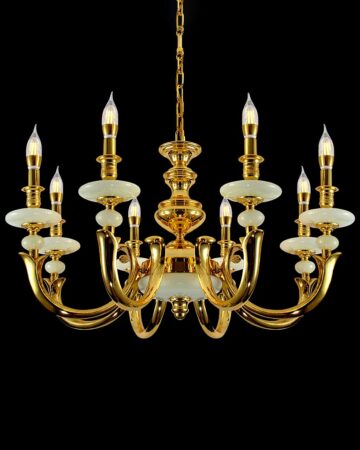 Đèn chùm đồng cao cấp bóng nến 8 tay cổ điển chao đá ngọc