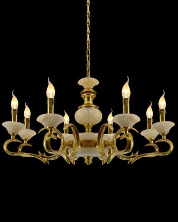 Đèn chùm đồng cao cấp bóng nến 8 tay cổ điển chao đá ngọc