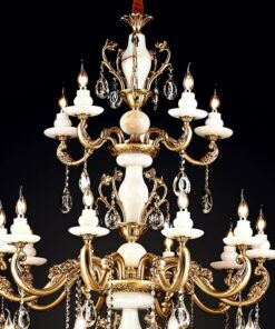 Đèn chùm đồng thả thông tầng chao Đá Ngọc cao cấp