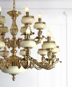 đèn chùm đồng chao đá ngọc cổ điển cao cấp 16 tay