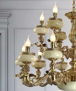 đèn chùm đồng chao đá ngọc cổ điển cao cấp 16 tay