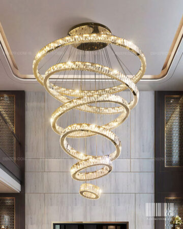 Đèn thả 6 vòng pha lê khung xi vàng cao cấp D2303