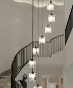 Bộ đèn thả bàn ăn thủy tinh thông tầng cầu thang