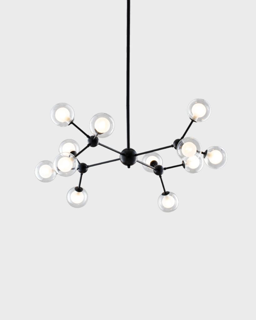 Đèn Chùm Phân Tử 12 Bóng Khung Đen Chao Thủy Tinh Trong VRG-TTK817-12