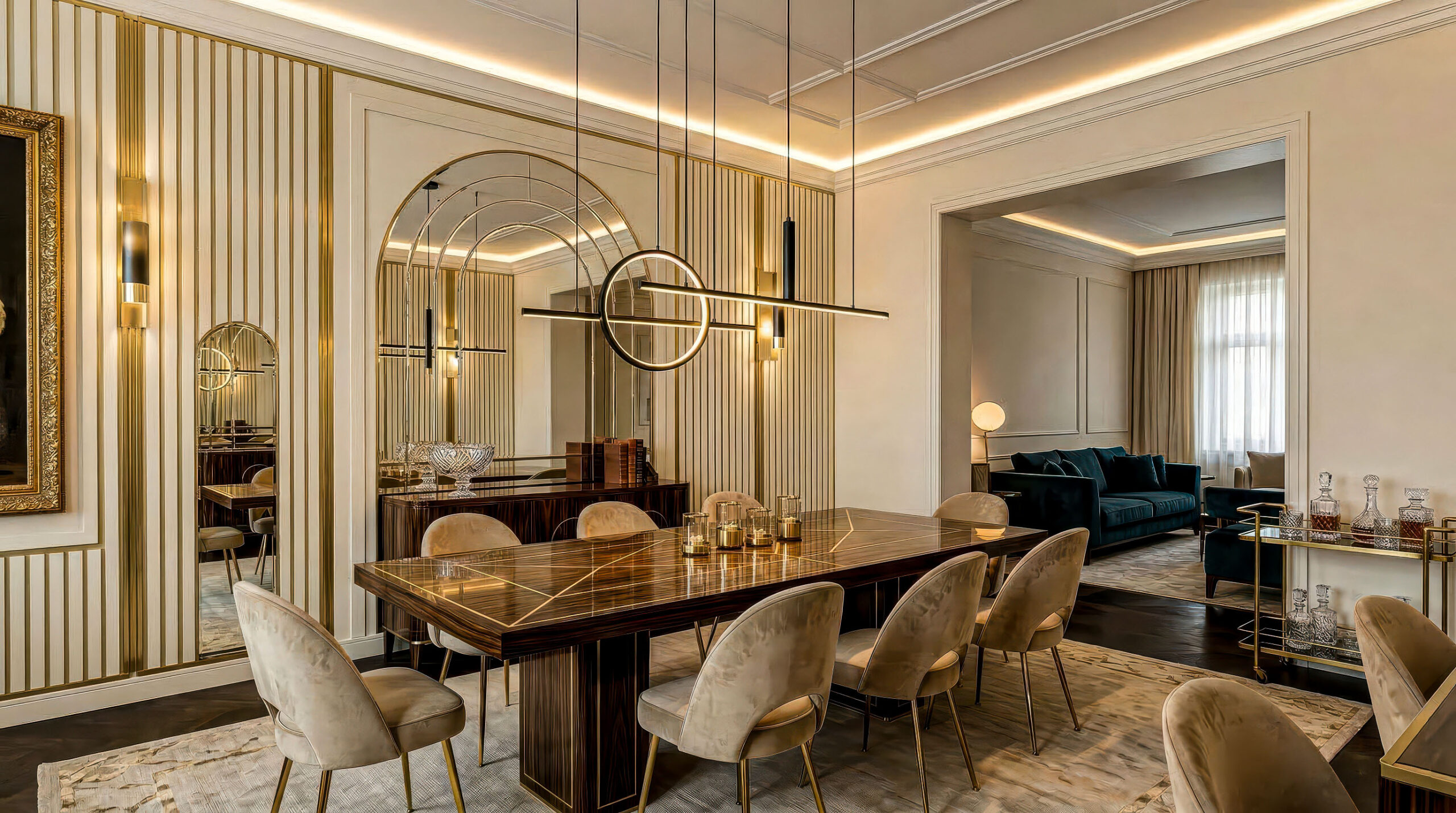 Không gian gia đình quây quần ấm cúng dưới hệ thống đèn trang trí phòng bếp và ăn hiện đại.