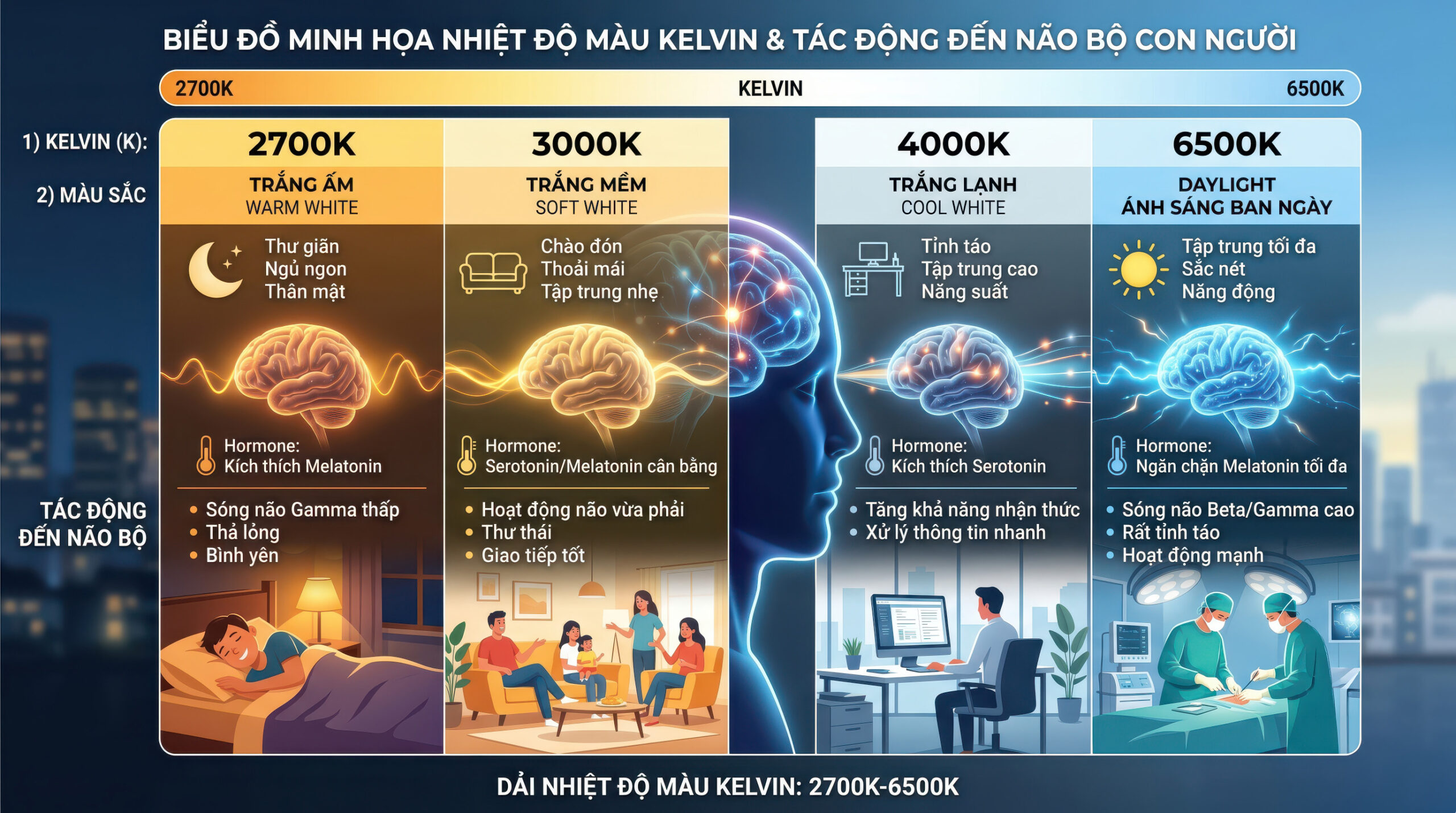 Thang đo nhiệt độ màu Kelvin ứng dụng trong chọn đèn trang trí phòng làm việc