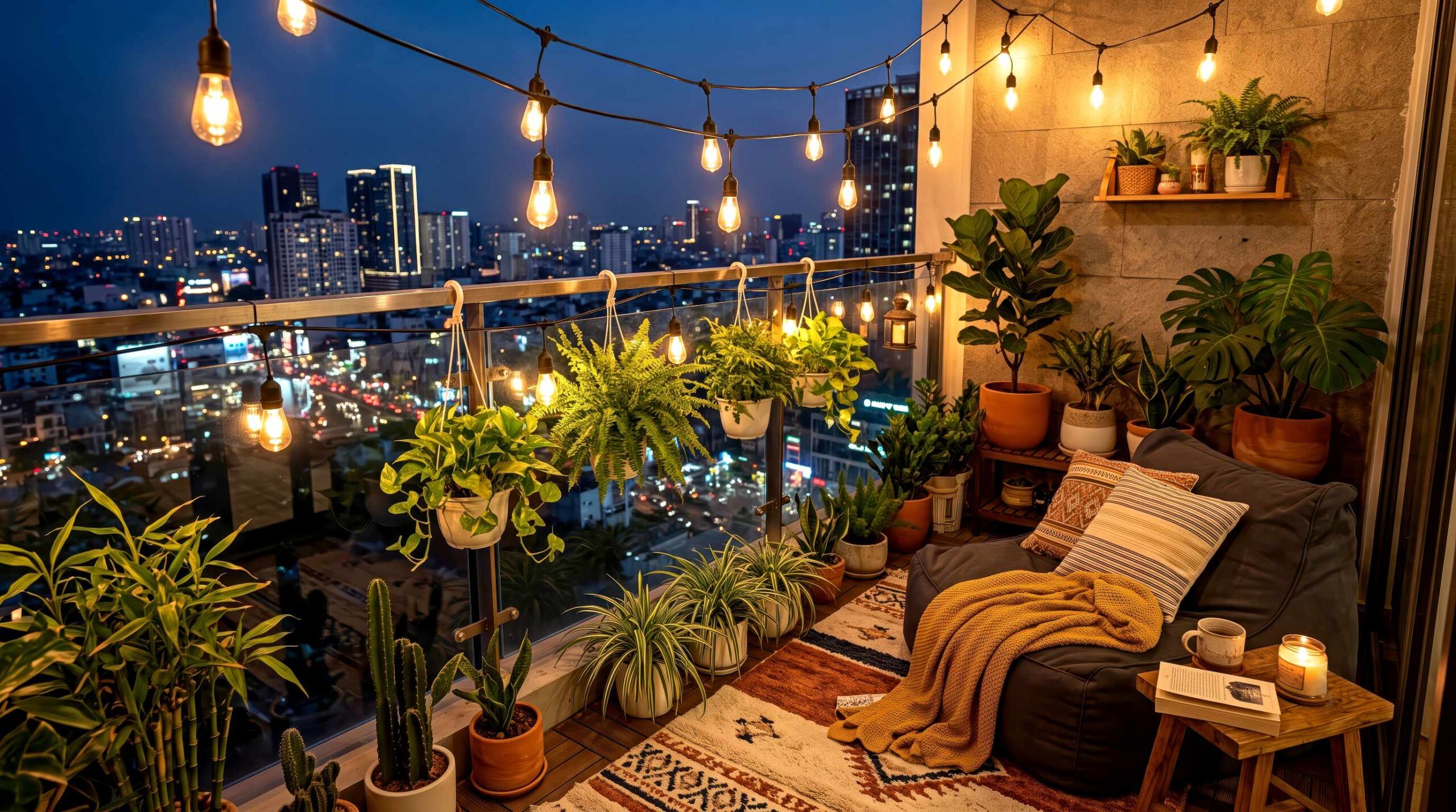 Đèn trang trí ban công chung cư tạo góc chill thư giãn