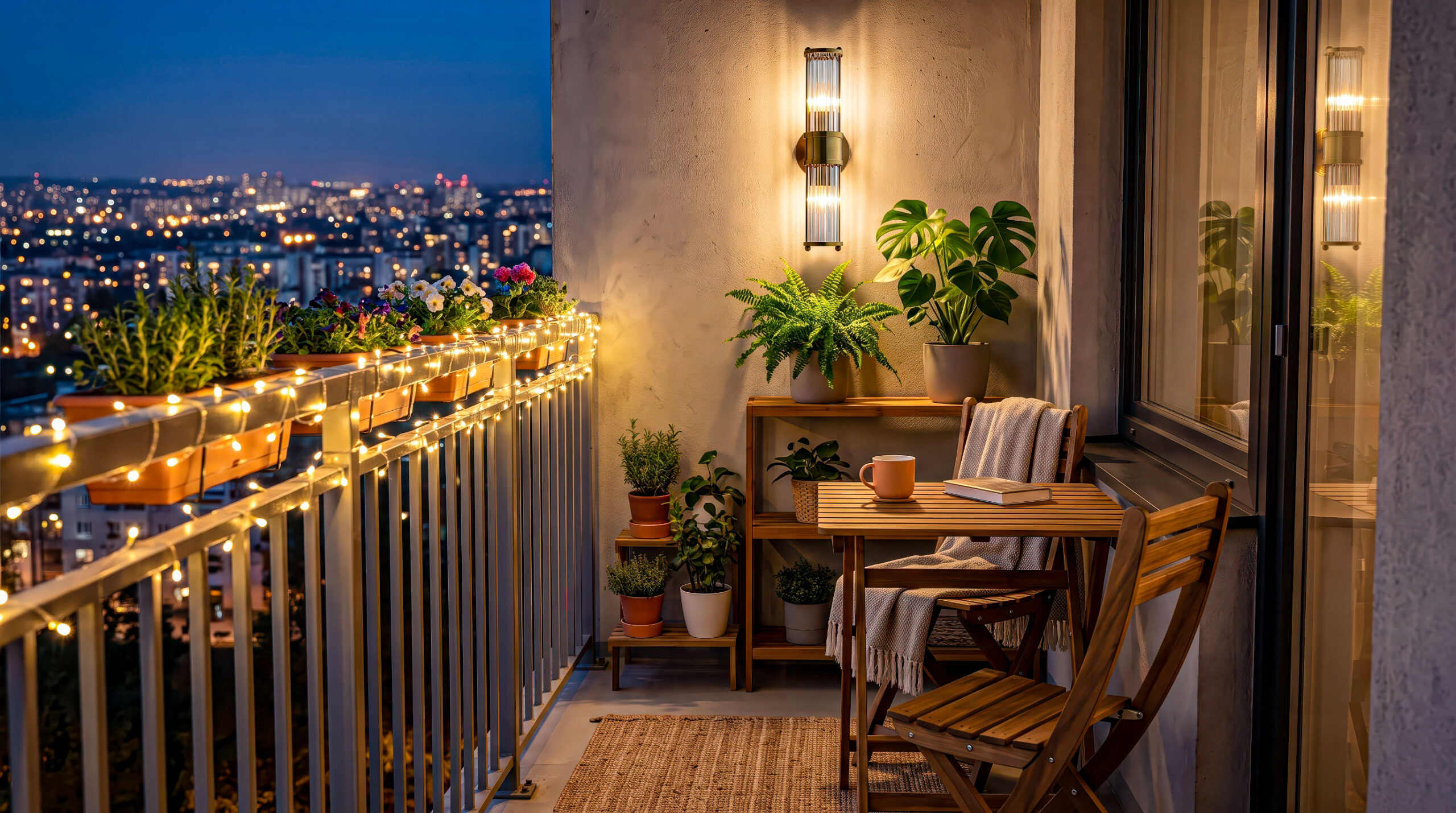 Đèn trang trí ban công chung cư nhỏ hẹp tạo không gian chill thư giãn.