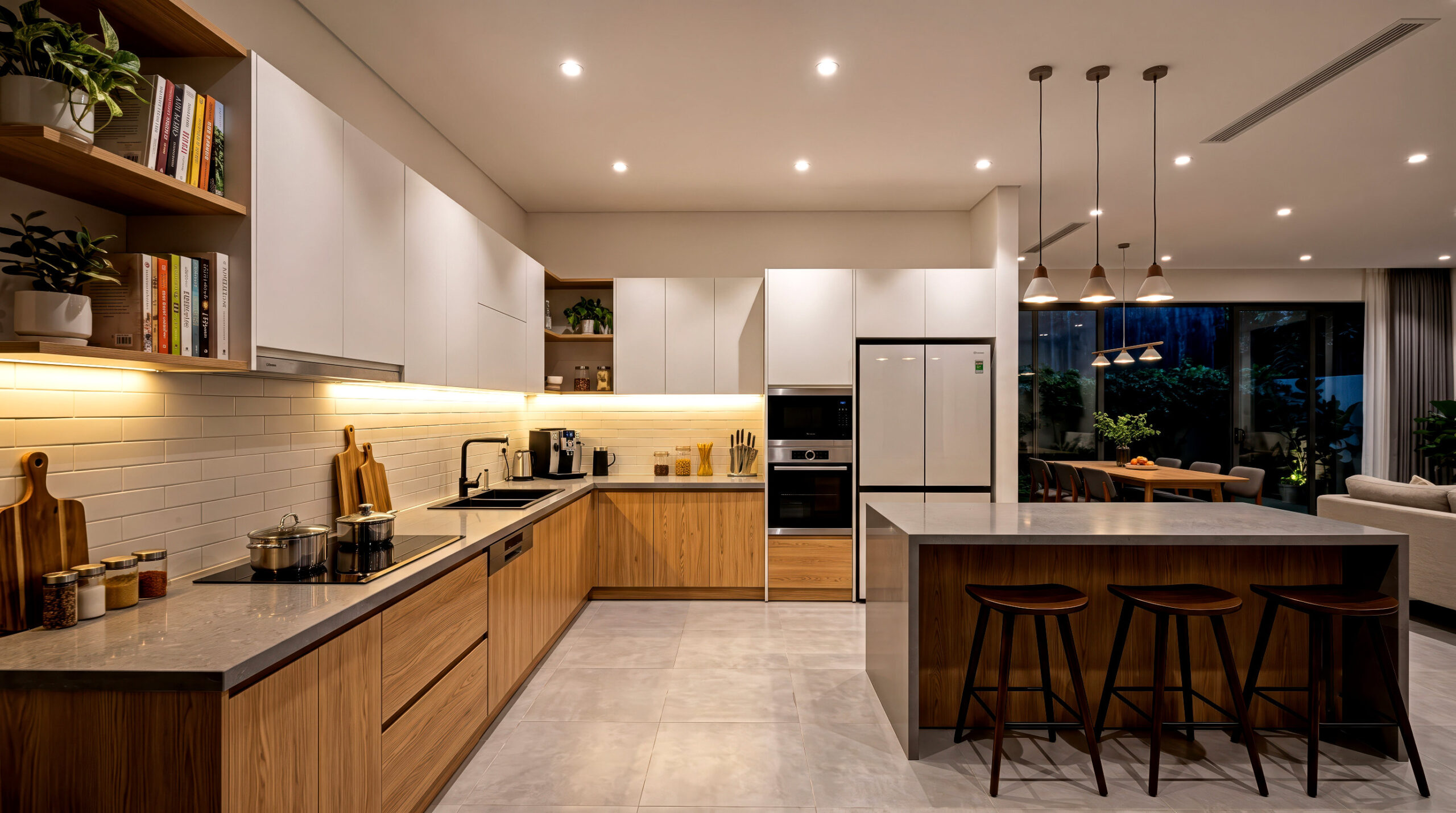 Lớp ánh sáng tổng thể kết hợp đèn trang trí phòng bếp & ăn.
