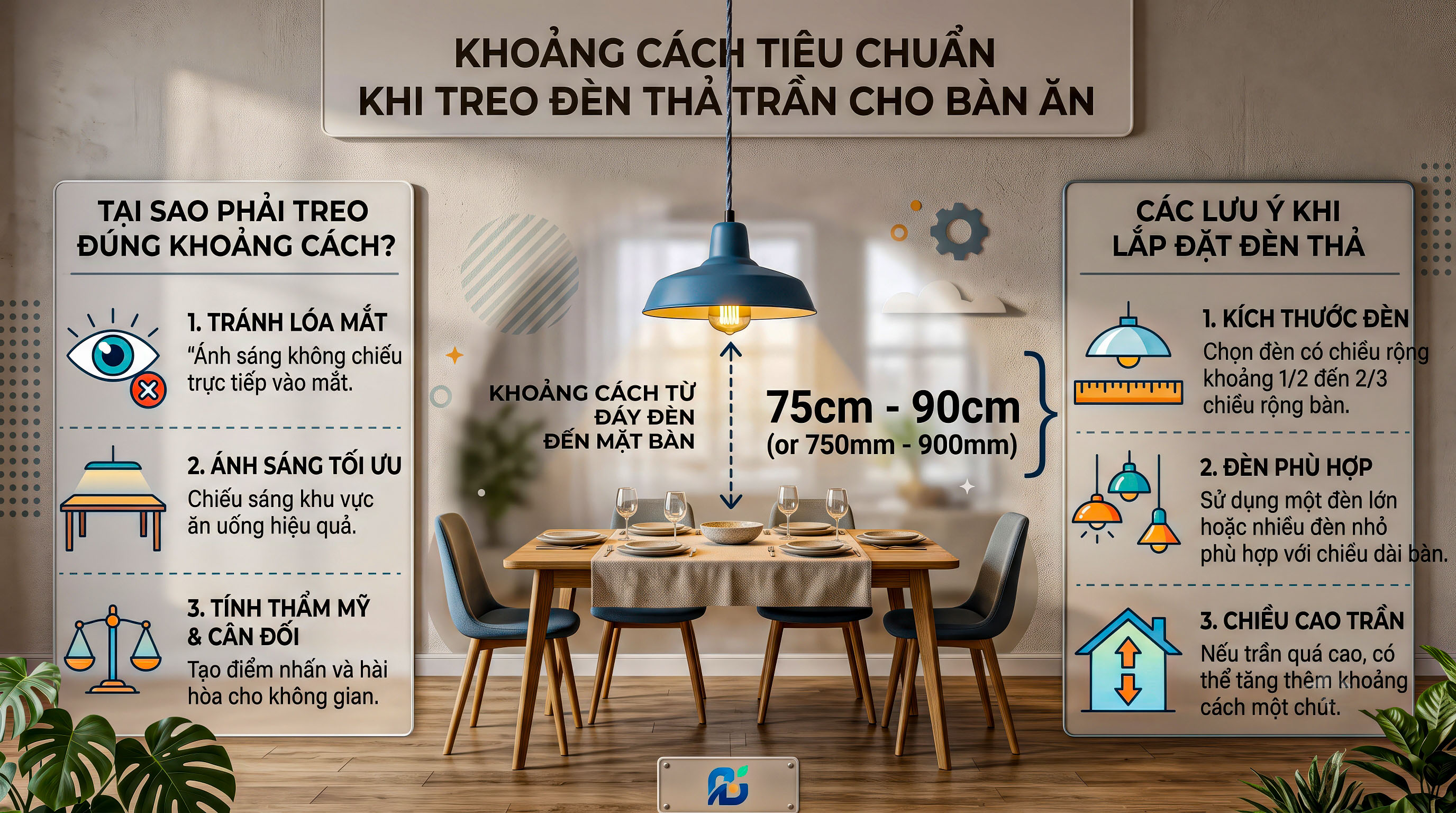 kích thước đèn thả bàn ăn