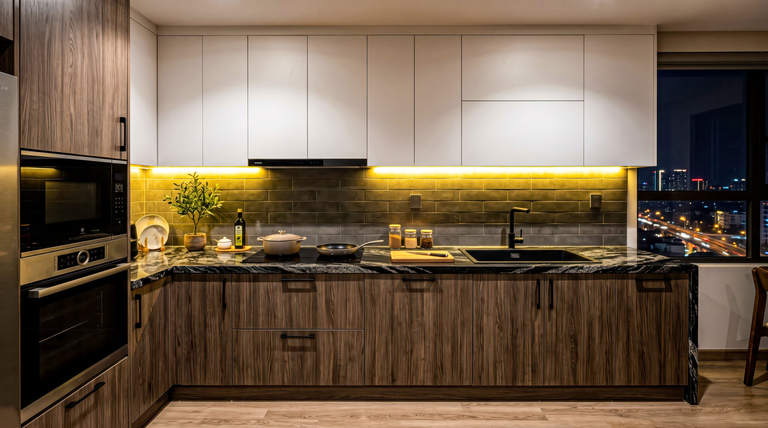Hệ thống đèn trang trí phòng bếp & ăn tích hợp đèn LED dây hắt gầm tủ bếp trên.