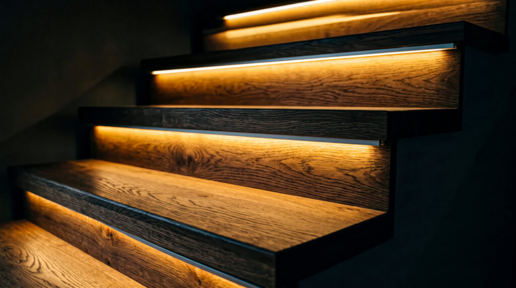 Đèn trang trí cầu thang bằng LED thanh nhôm âm bậc giúp chống vấp ngã.