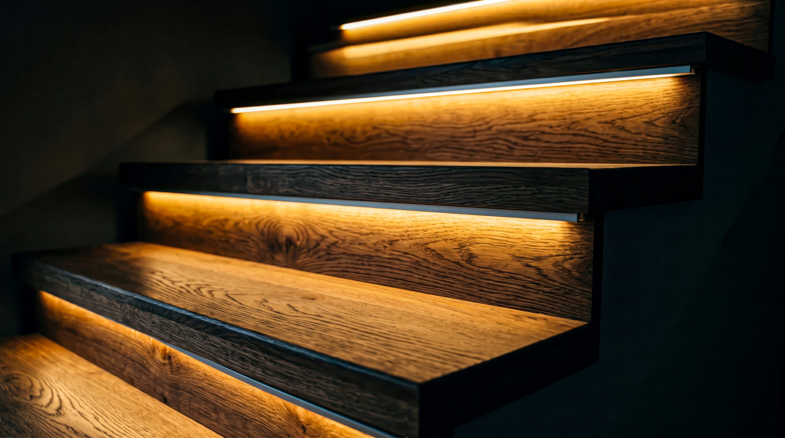 Đèn trang trí cầu thang bằng LED thanh nhôm âm bậc giúp chống vấp ngã.