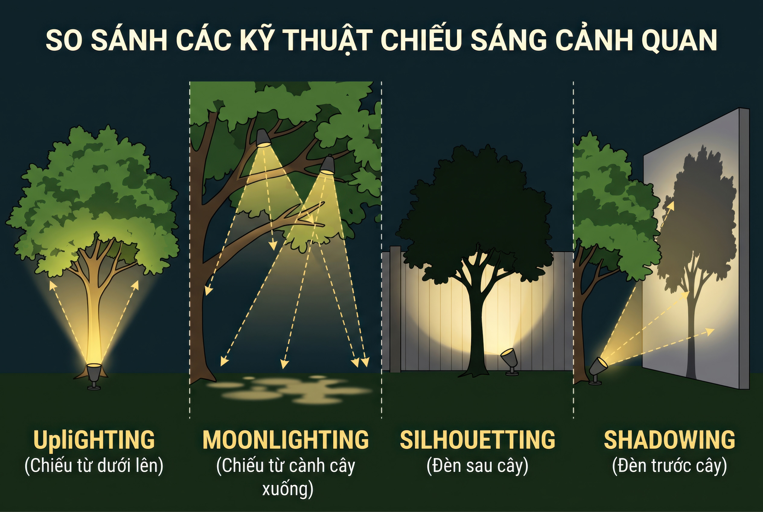 Kỹ thuật bố trí đèn trang trí ngoài trời rọi cây sân vườn