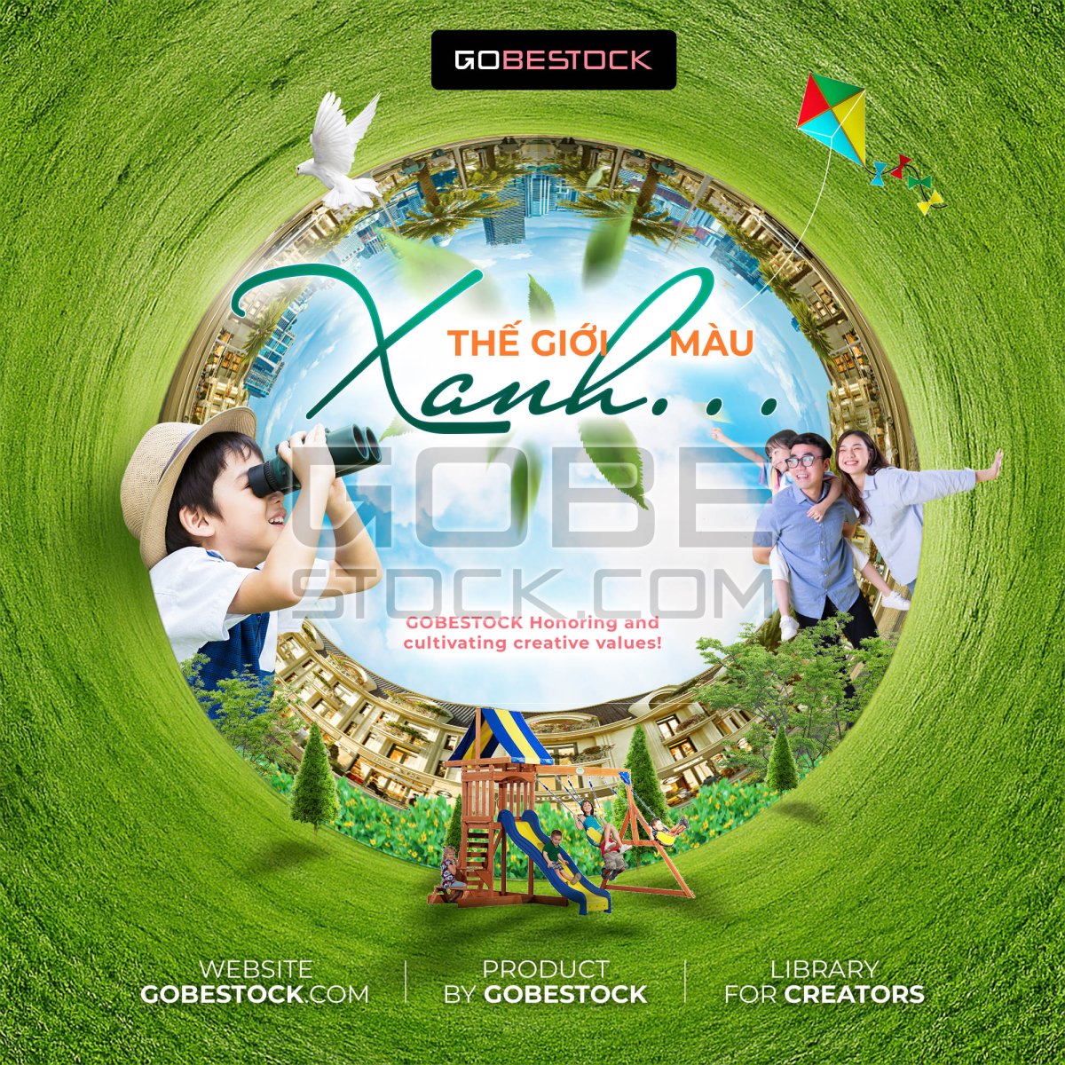Post real estate ecological circle with people family city