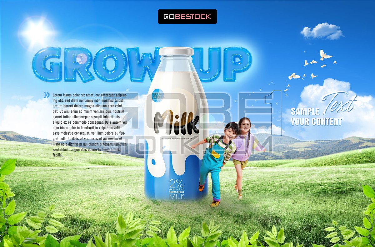 Poster template milk bottle on the meadow