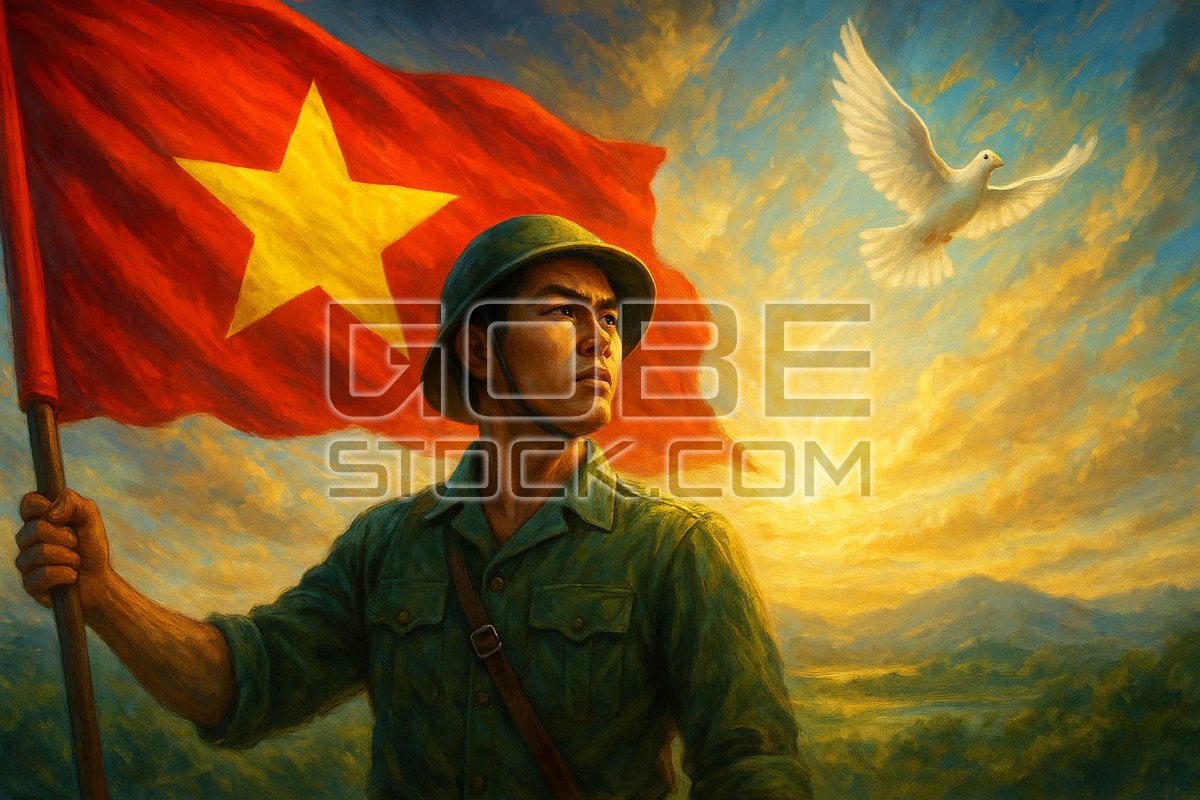 The image of a Vietnamese soldier holding a flag