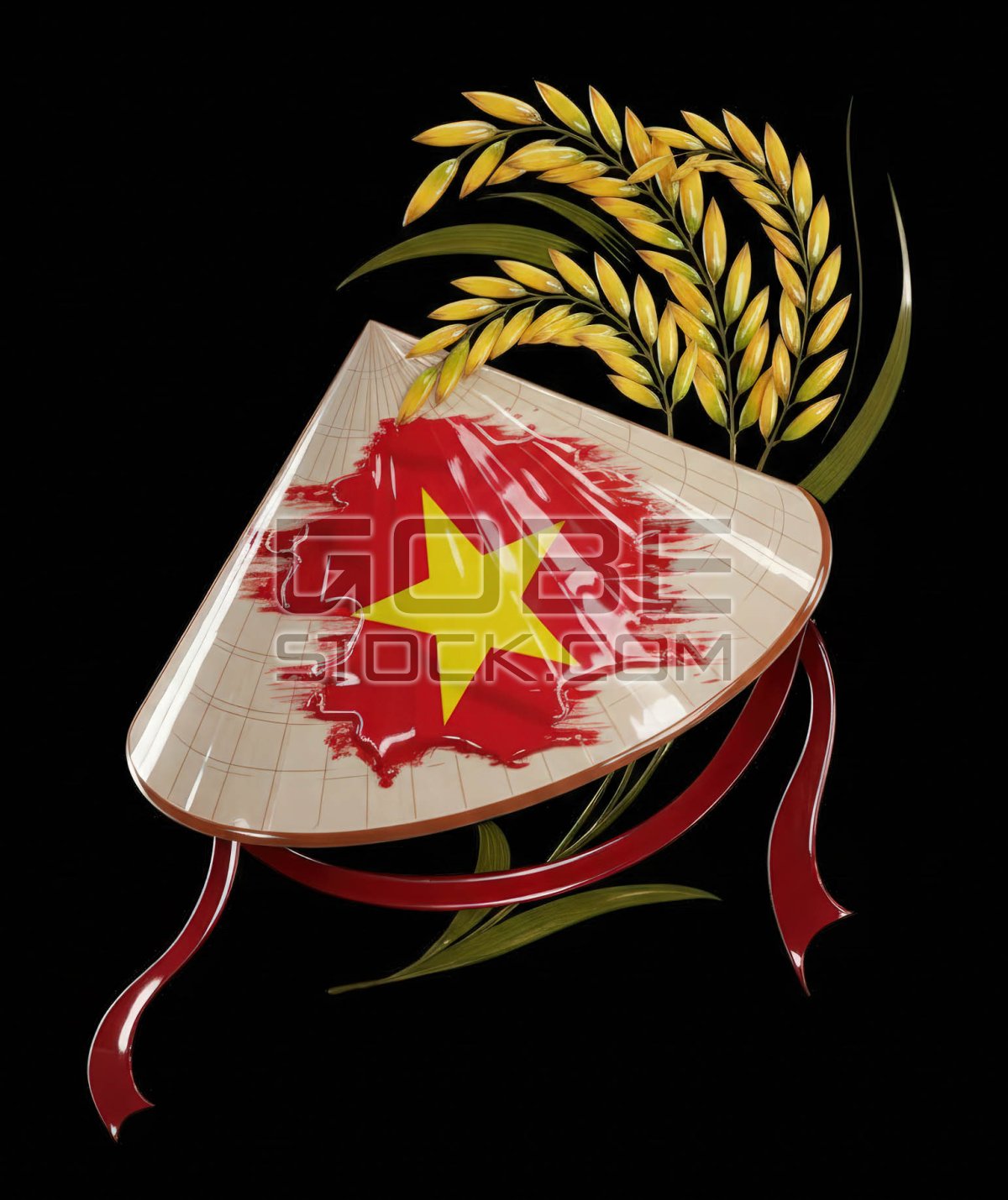 Vietnamese conical hat and rice plant
