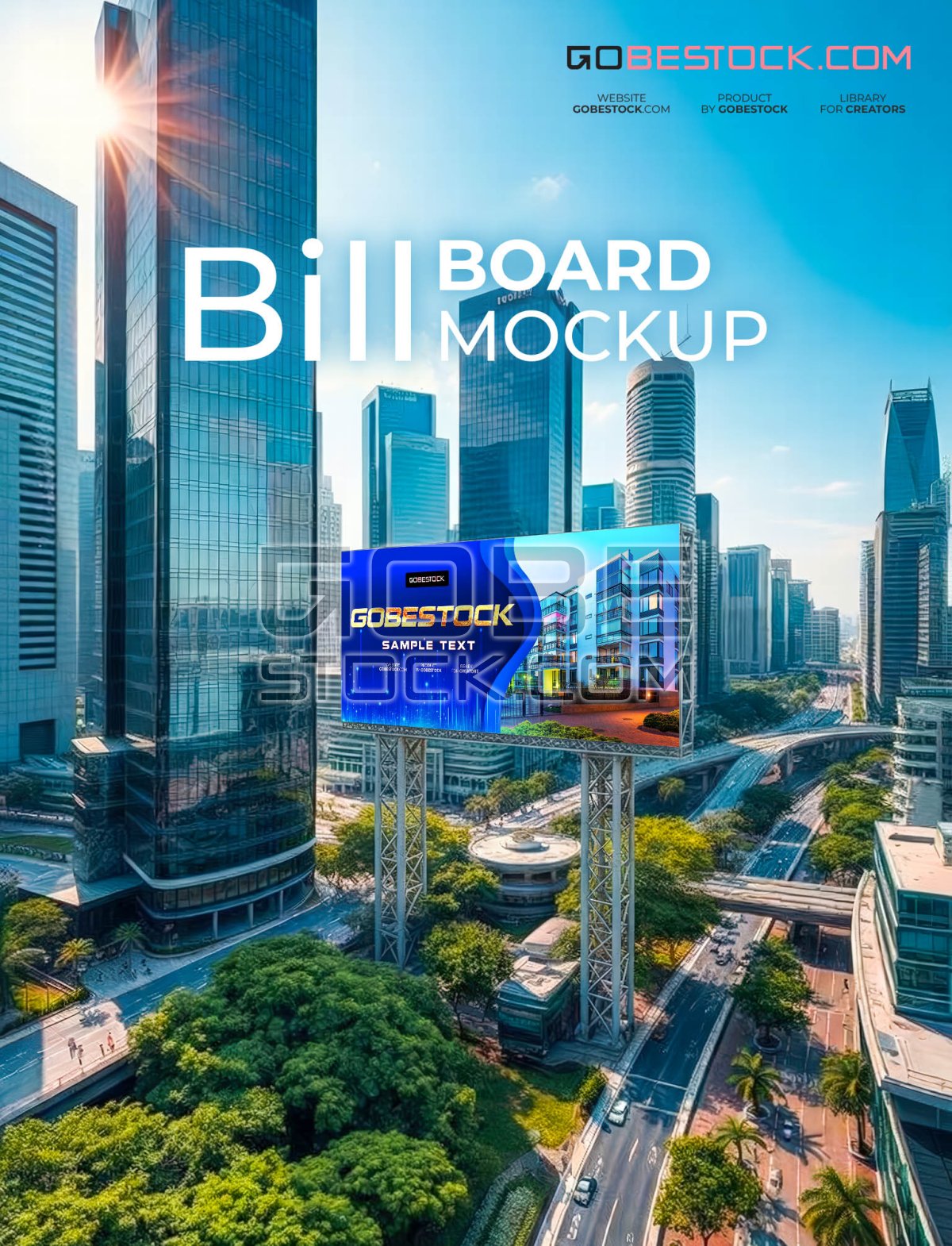 Billboard sign in city building mockup