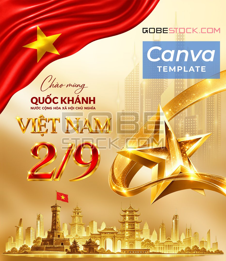 Poster Vietnam Independence Day golden star with city
