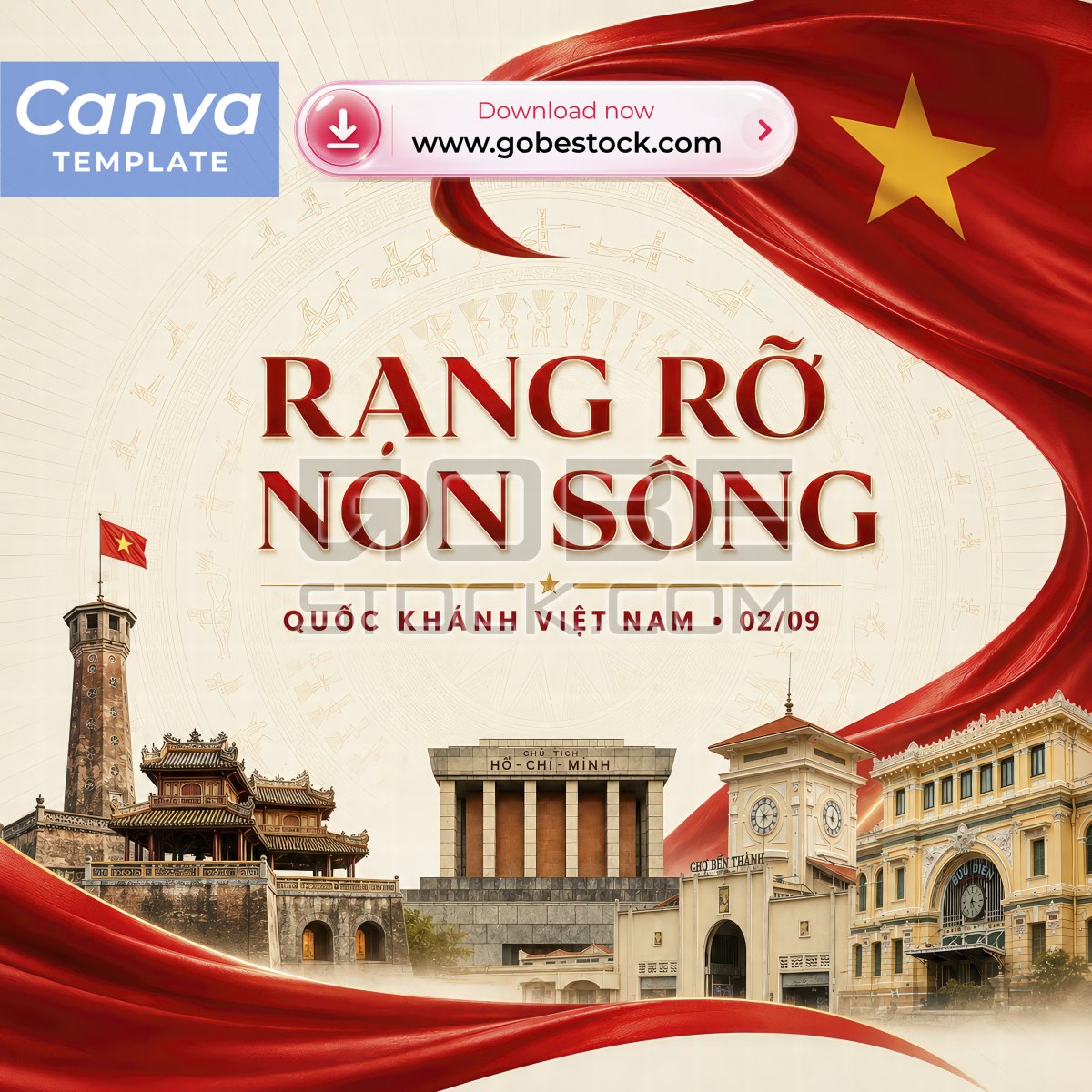 Vietnam National Day Famous Landmarks with Red Flag Square Poster
