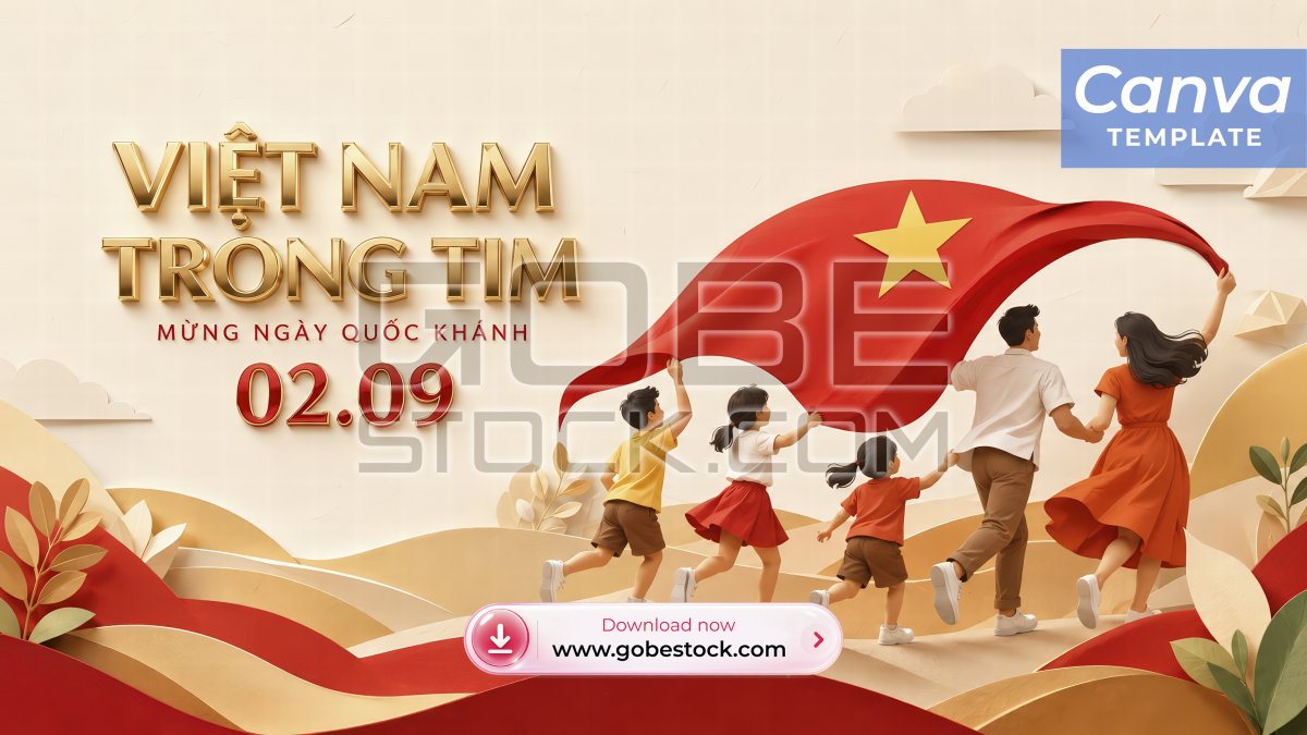 Vietnam National Day Family Running with Flag Paper Art Poster