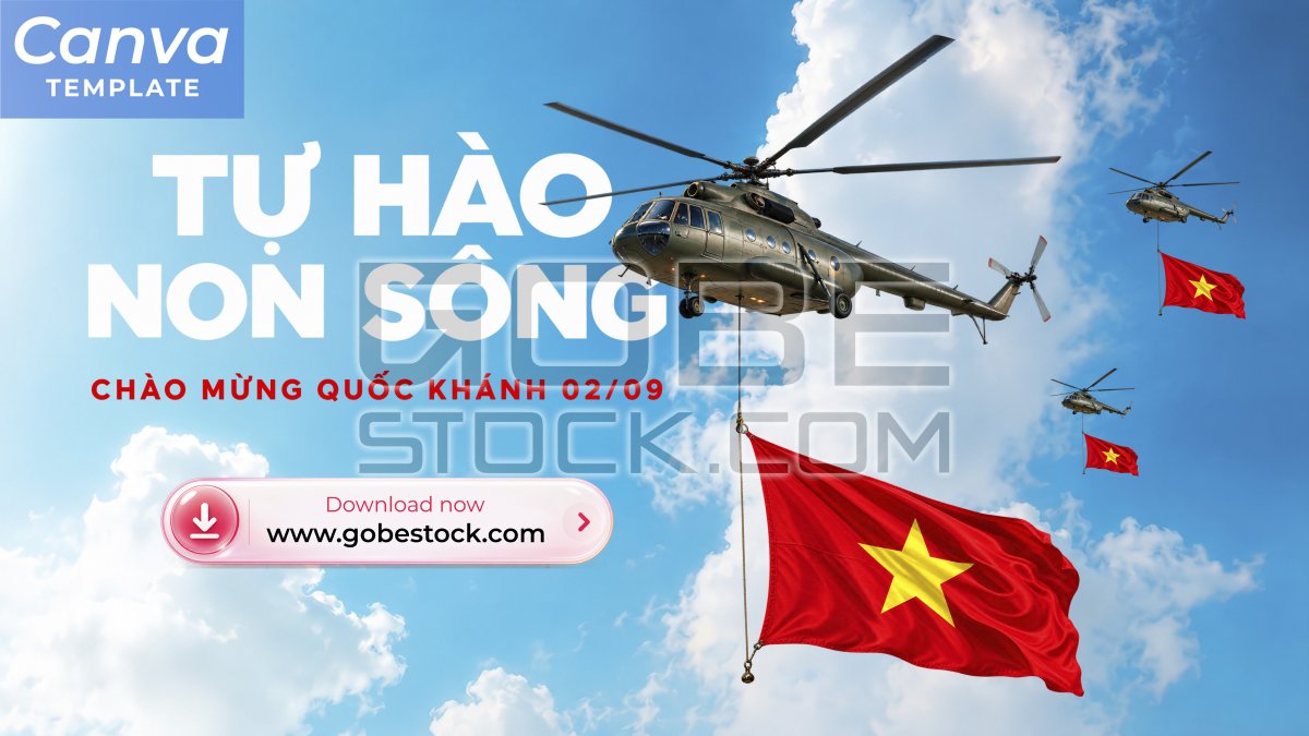 Vietnam National Day Helicopter Formation with Flags in Blue Sky Horizontal Poster