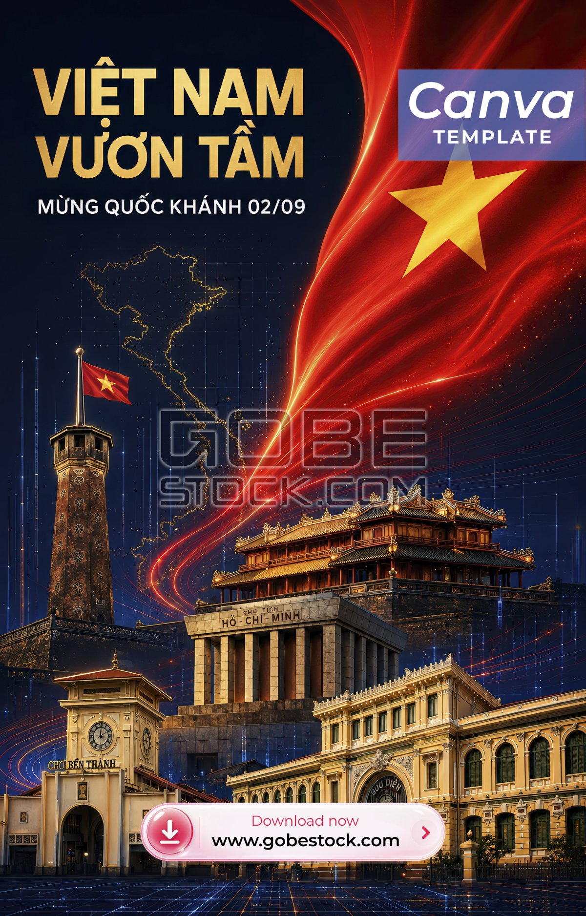 Vietnam National Day Famous Landmarks with Technology Lights Vertical Poster