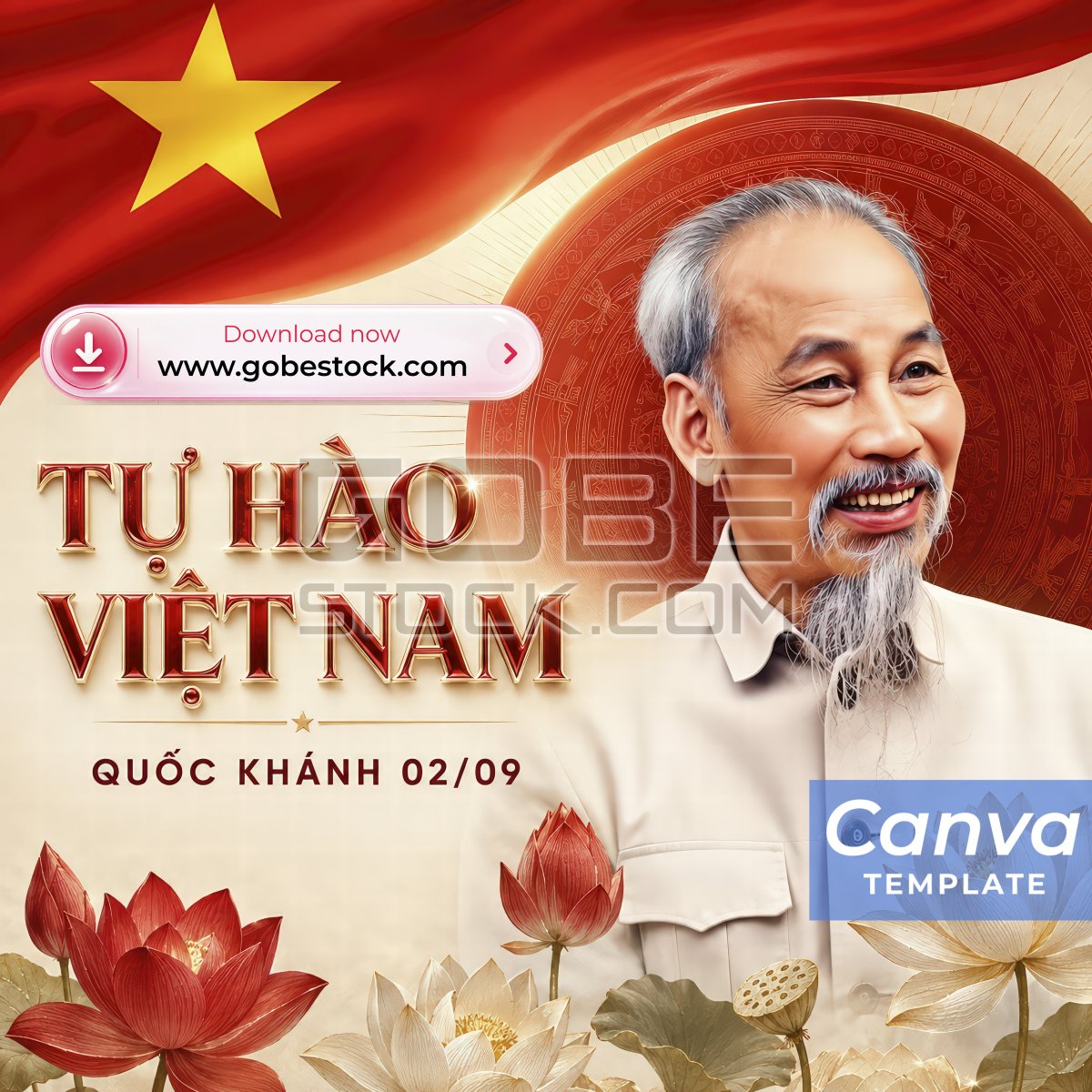 Vietnam National Day Ho Chi Minh Portrait with Lotus Flowers Square Poster