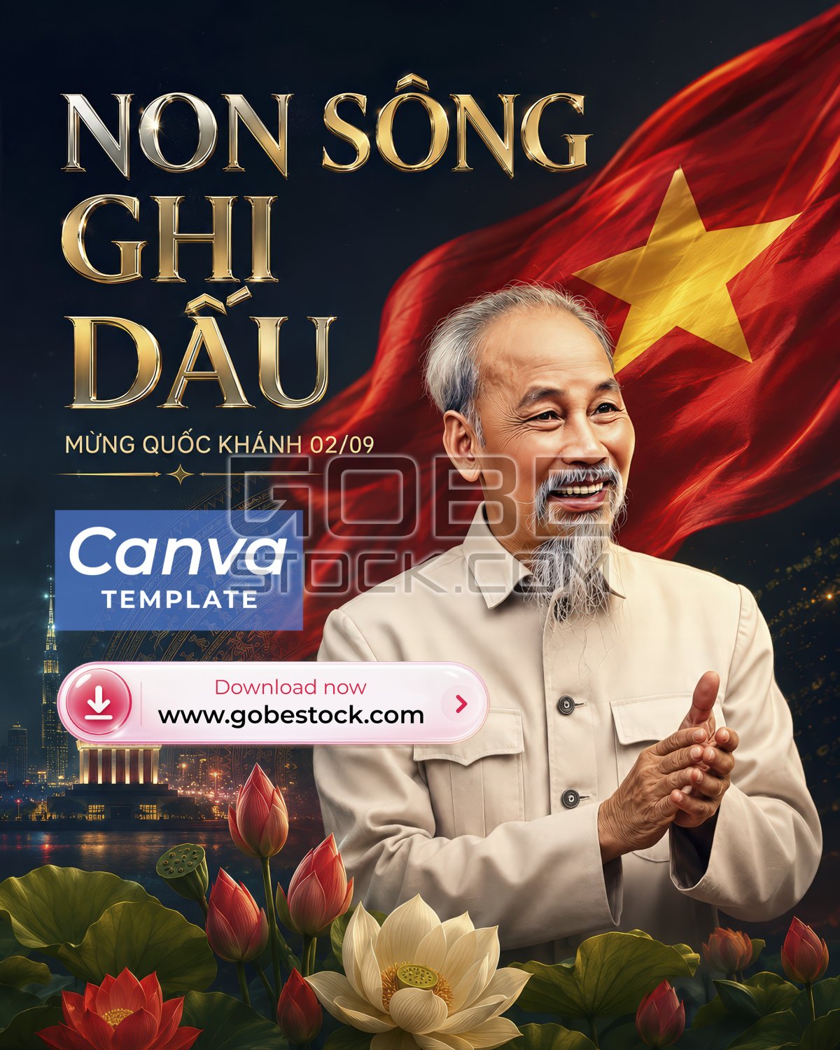 Vietnam National Day Ho Chi Minh Portrait with Lotus Flowers Vertical Poster