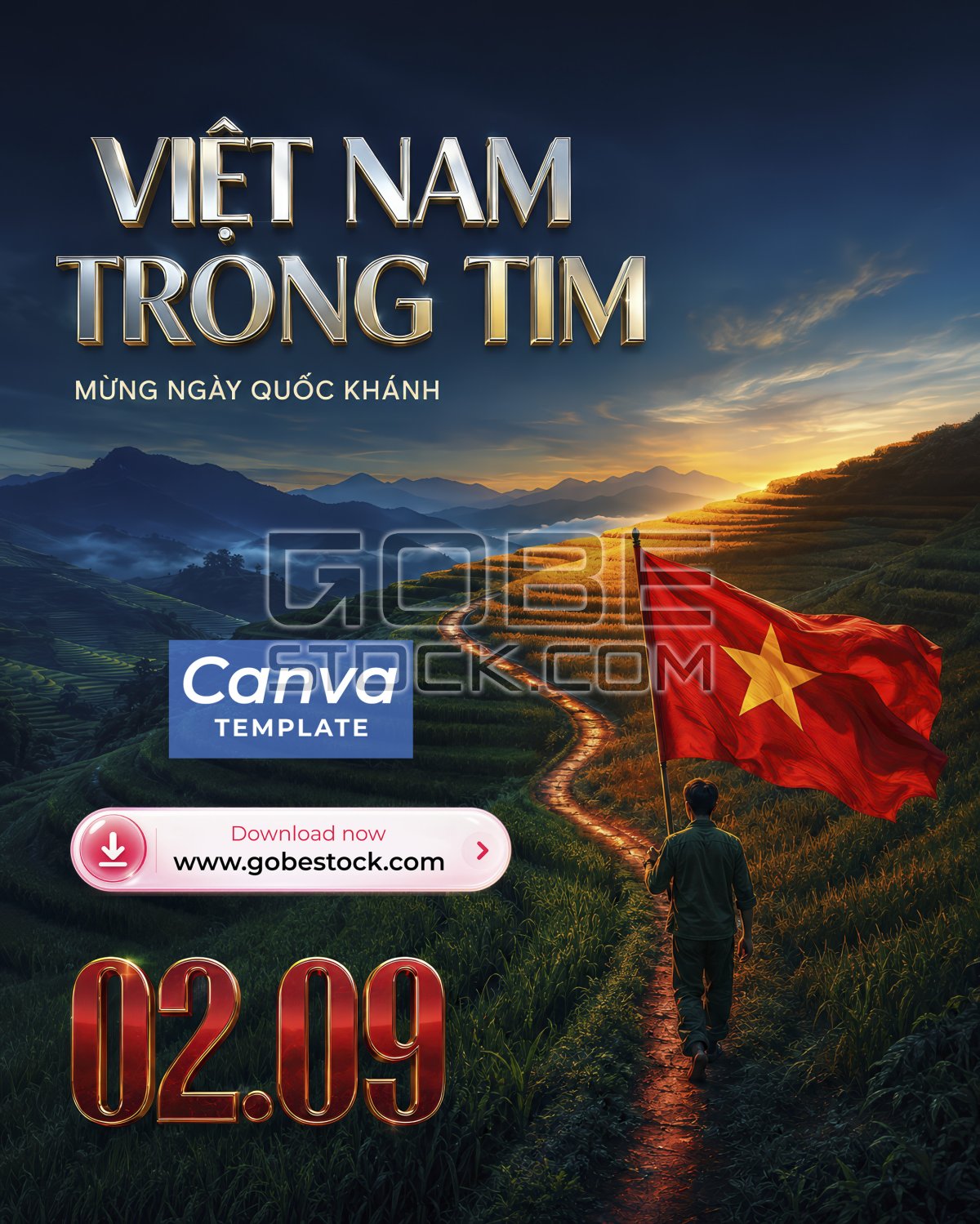 Vietnam National Day Man Carrying Flag Through Rice Terraces Vertical Poster