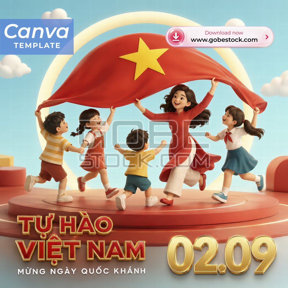 Vietnam National Day Teacher and Children Holding Flag Cartoon Poster