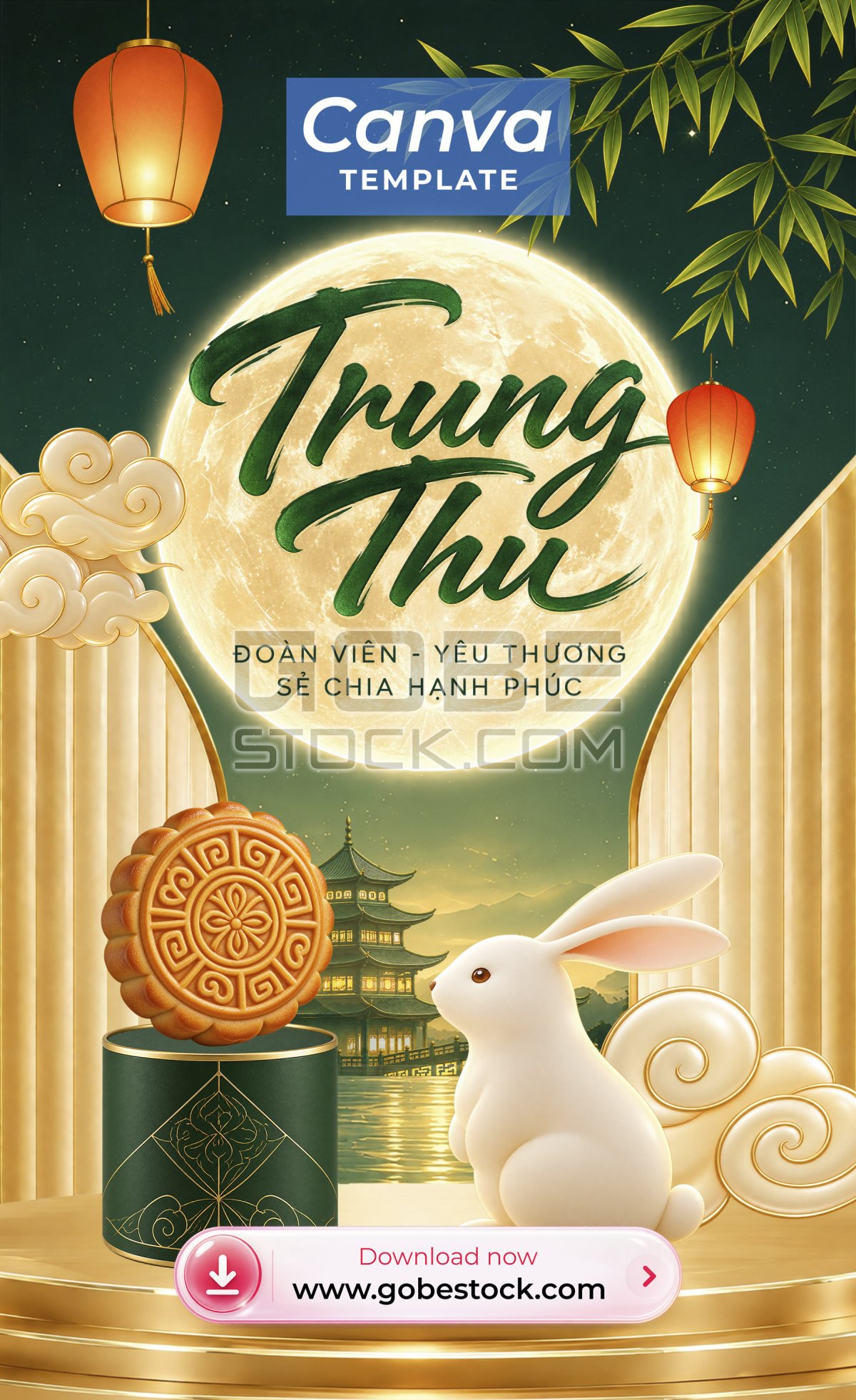 Green And Gold Mid Autumn Rabbit Mooncake Poster